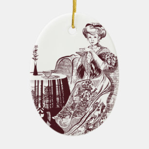 Dame trinkt Tee Keramikornament
