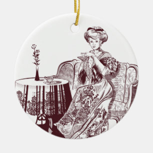 Dame trinkt Tee Keramikornament