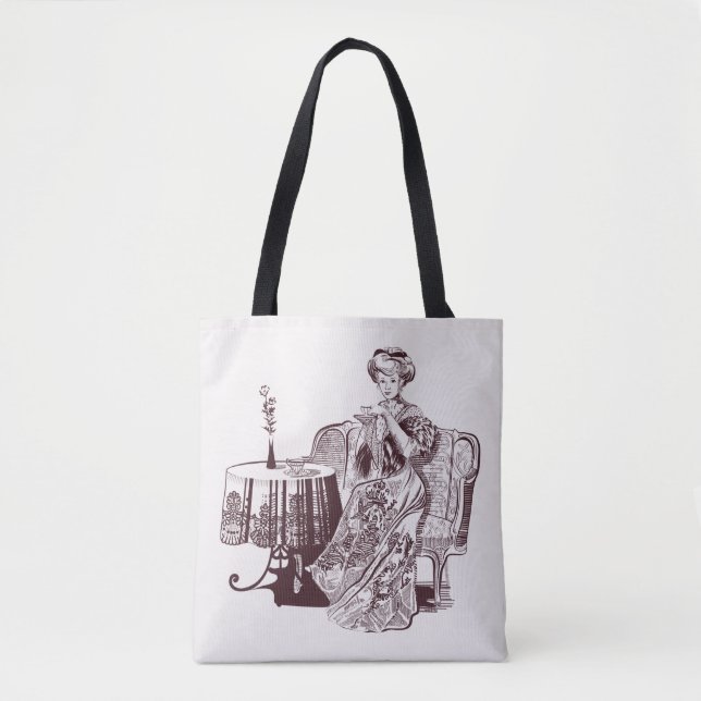 Dame trinkt Tee Tasche (Vorderseite)
