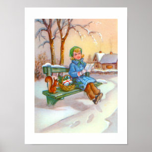 Dame und Eichhörnchen Vintage-Kunst Poster
