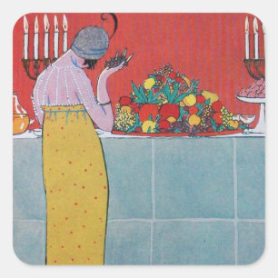 DAME UND FRÜCHTE-TISCHSET ART DÉCO SCHÖNHEIT MODE QUADRATISCHER AUFKLEBER