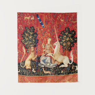 DAME UND UNICORN Löwe, Fantasie-Blumen, Tiere Wandteppich