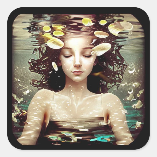 Dame unter Wasser, | AI Generated Artwork Quadratischer Aufkleber (Vorderseite)