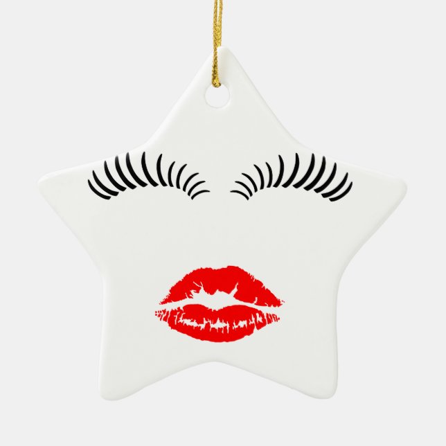 Damen-Augen-Peitschen und Lippenstift-Kuss Keramik Ornament (Vorne)