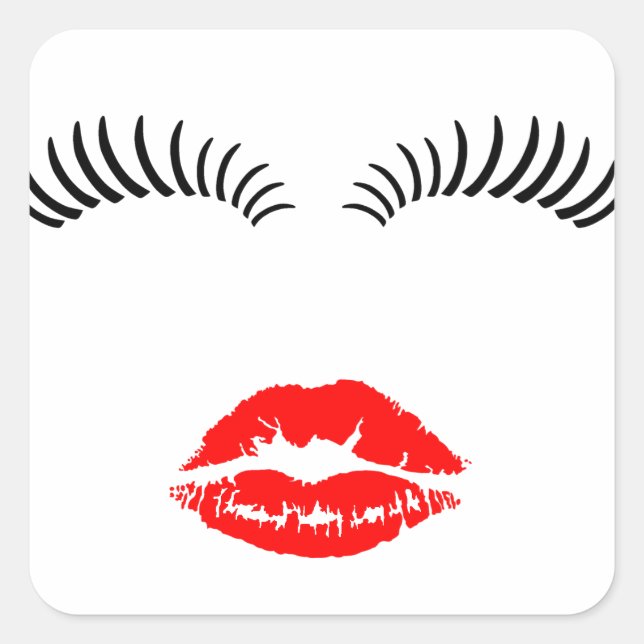 Damen Eye Lashes und LipStick Kiss Quadratischer Aufkleber (Vorderseite)