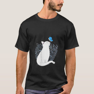Damen Weiße Katze und blauer Schmetterling Tier Wh T-Shirt