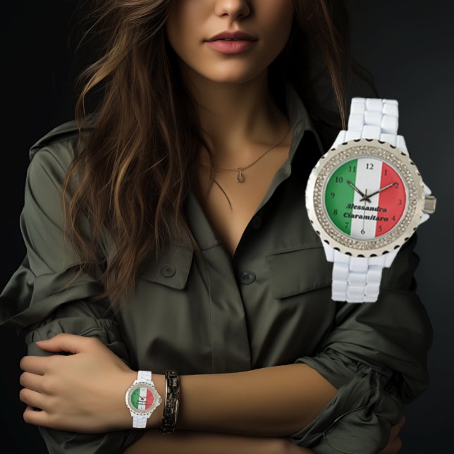 Damen Weiße Kristall Italienische Flagge Italien Armbanduhr (Women and Girls Italian Flag of Italy
Personalized Rhinestone Watch)