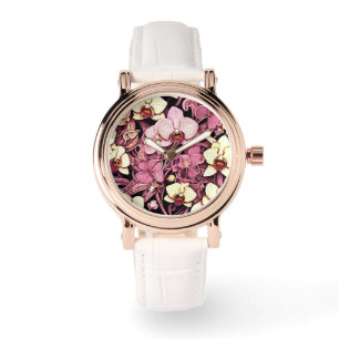 Damenuhr weiß mit Orchideengesicht Armbanduhr