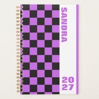 Damier Rétro Violet Noir Nom Personnalisé Année