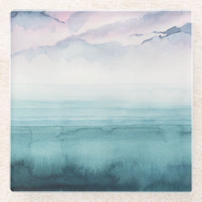 Dämmerung an der Bucht - Wasserfarbe Glasuntersetzer (Vorderseite)
