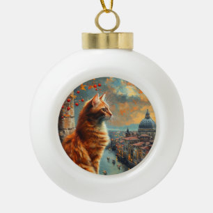 Dämmerung in Venedig   Rote Katze an einem Kanal Keramik Kugel-Ornament