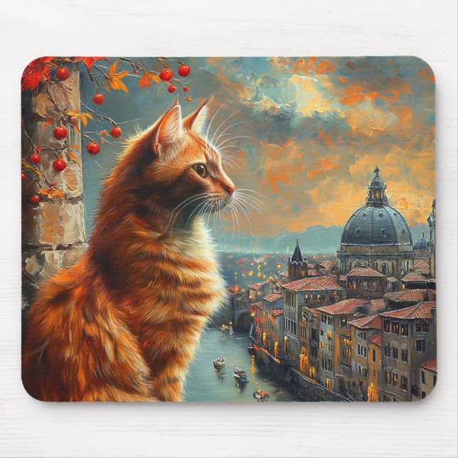 Dämmerung in Venedig | Rote Katze an einem Kanal Mousepad (Vorne)