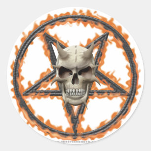 Dämon-Schädel u. brennender Pentagram Runder Aufkleber
