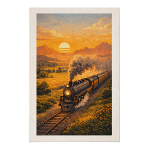 Dampf-Lokomotiven-Sonnenuntergang Retro-Reise Poster