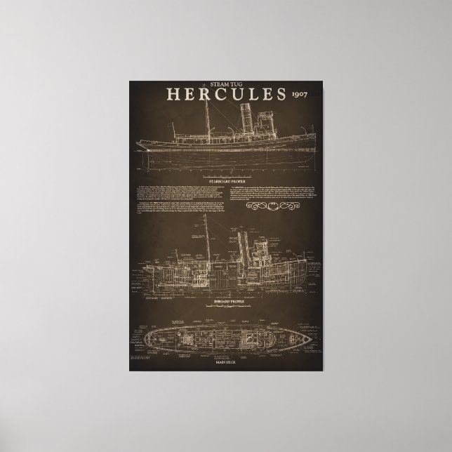 Dampfboot HERCULES Blueprint 1907 Leinwanddruck (Vorderseite)