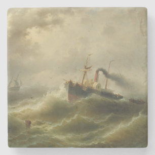 Dampfboot in einem Sturm an der Nordsee Steinuntersetzer