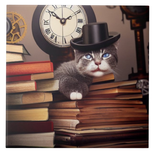 Dampfbunkerkatze mit Büchern Keramikfliese (Vorderseite)