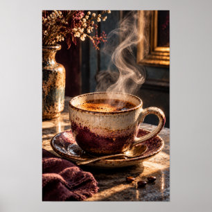 Dampfende rustikale Kaffeetasse – Gemütlicher Morg Poster