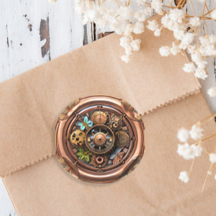 Dampfgetriebe und Blume, aus Kupfer und Gold Runder Aufkleber