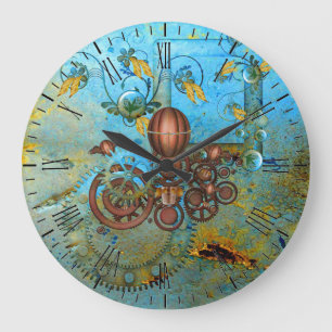 Dampfkund-Kollage Aqua-Kupfer-Wanduhr Große Wanduhr