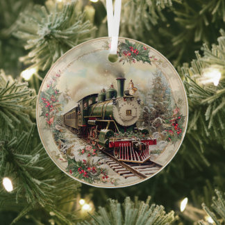 Dampflok durch verschneite Kiefern Ornament Aus Glas