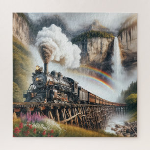 Dampflokomotive auf einem Eisenbahnbrückengerüst