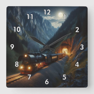 Dampflokomotive durch die Berge Quadratische Wanduhr