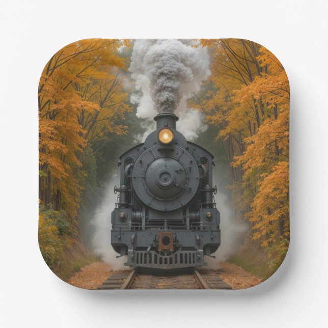 Dampflokomotive im Herbstwald Pappteller (Vorderseite)