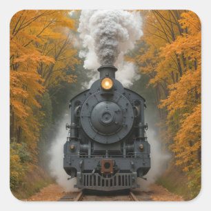 Dampflokomotive im Herbstwald Quadratischer Aufkleber