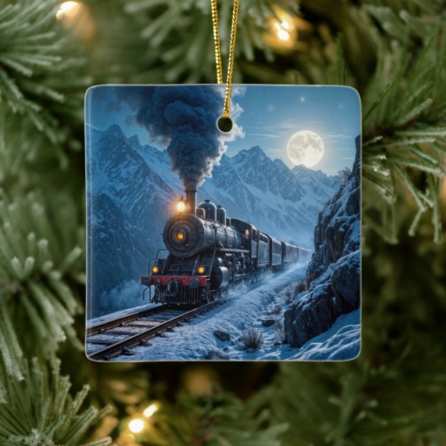 Dampflokomotive im Mondlicht Keramikornament (Baum)