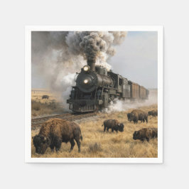 Dampflokomotive mit grasenden Büffeln Serviette