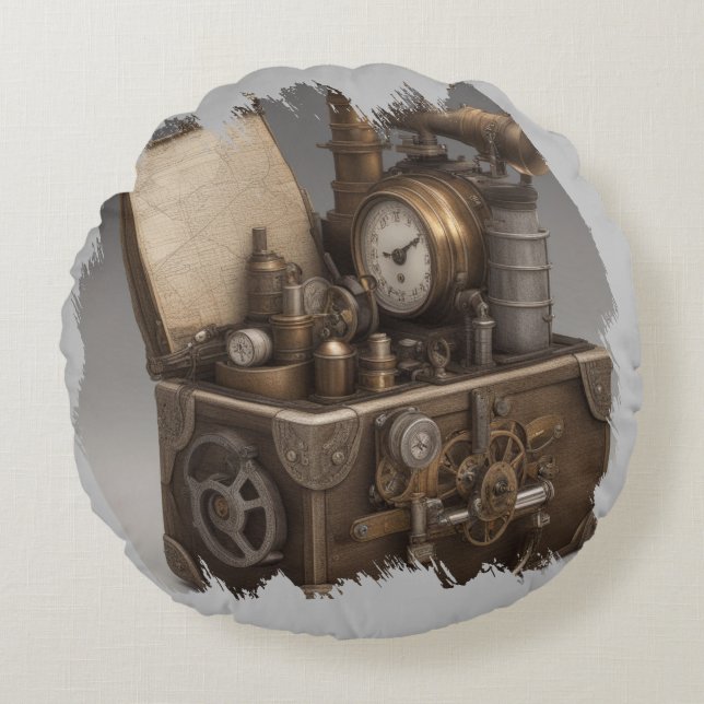 Dampfmaschine - Vintage Schatztruhe Rundes Kissen (Vorderseite)