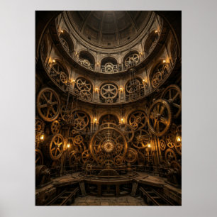 Dampfmaschinenhalle mit Uhrwerk-Mechanik Poster