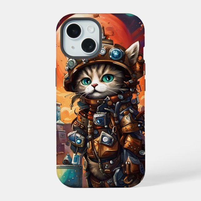 Dampfpunk-Katze I iPhone 15 Hülle (Rückseite)