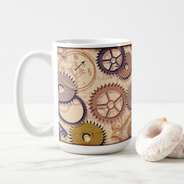 Dampfrad, Getriebe, Schlüssel, Alte Ölfarbe Kaffeetasse (Mit Donut)
