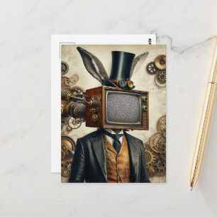 Dampfrpunk-Hasenmann mit statischem TV-Kopf Postkarte