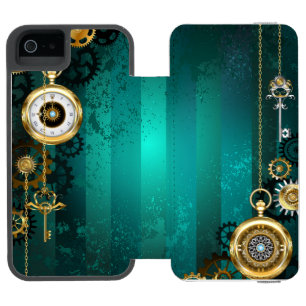 Dampfrück-Uhr auf grünem Hintergrund Incipio Watson™ iPhone 5 Geldbörsen Hülle
