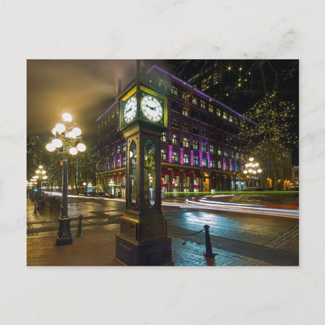 Dampfsperre in Gastown Vancouver BC in der Nacht Postkarte (Vorderseite)