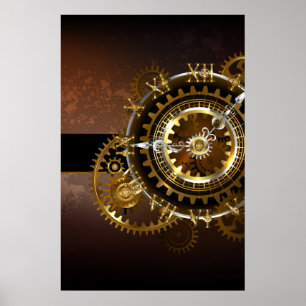 Dampfuhrwerk-Uhr mit antiken Zahnrädern Poster