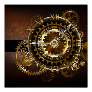 Dampfuhrwerk-Uhr mit antiken Zahnrädern Poster