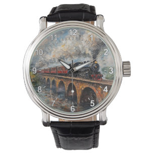 Dampfzug auf einer Brücke - Ölgemälde Armbanduhr