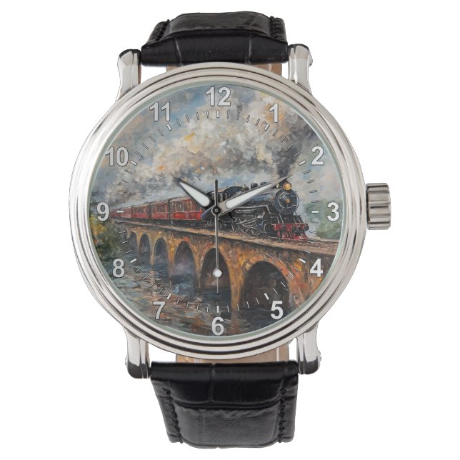 Dampfzug auf einer Brücke - Ölgemälde Armbanduhr (Vorderseite)