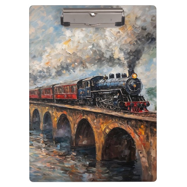 Dampfzug auf einer Brücke - Ölgemälde Klemmbrett (Vorderseite)