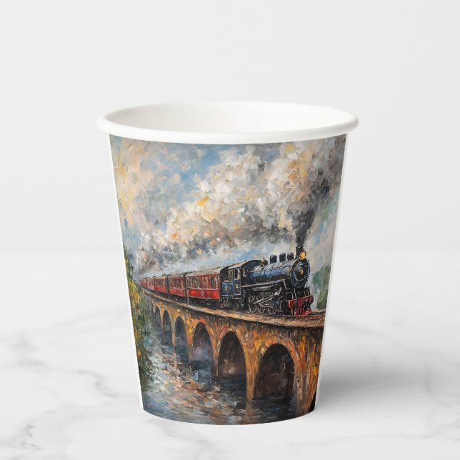 Dampfzug auf einer Brücke - Ölgemälde Pappbecher (Vorderseite)