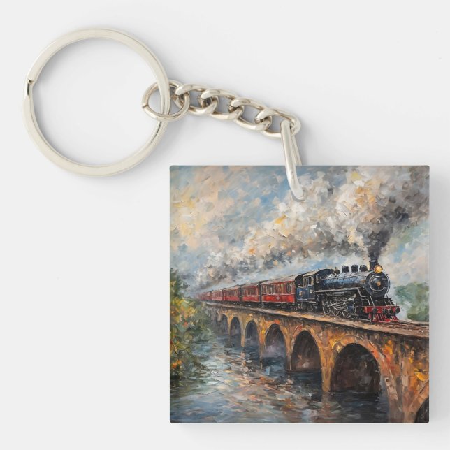 Dampfzug auf einer Brücke - Ölgemälde Schlüsselanhänger (Vorderseite)