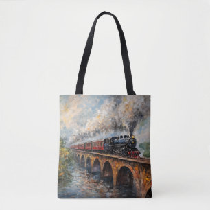 Dampfzug auf einer Brücke - Ölgemälde Tasche