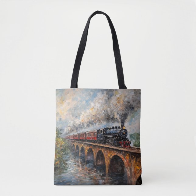 Dampfzug auf einer Brücke - Ölgemälde Tasche (Vorderseite)