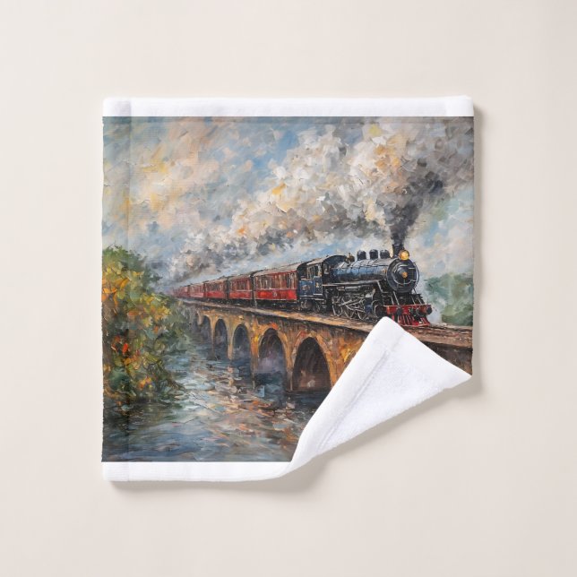 Dampfzug auf einer Brücke - Ölgemälde Waschlappen (Waschlappen)
