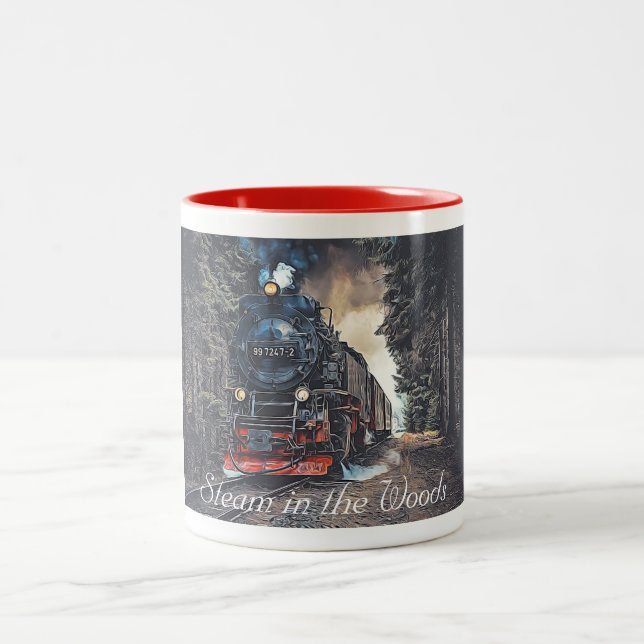 Dampfzug in der Holzmalerei Zweifarbige Tasse (Mittel)