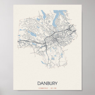 Danbury, Connecticut-Straßenkarte Poster – Gegr. 1